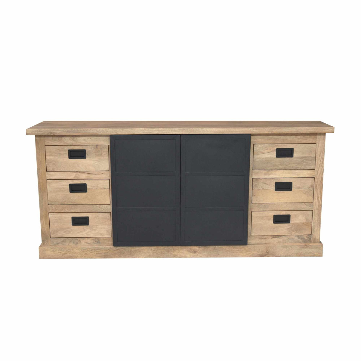 Dressoir frontaanzicht met zwarte paneeldeuren, eikenlook zijvakken en 6 laden, zwarte grepen