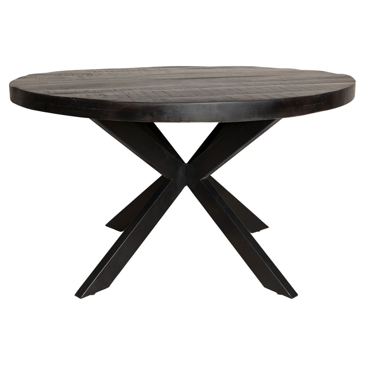 Denver ronde eettafel met zwart blad en zwarte X-vormige onderstelpoten.
