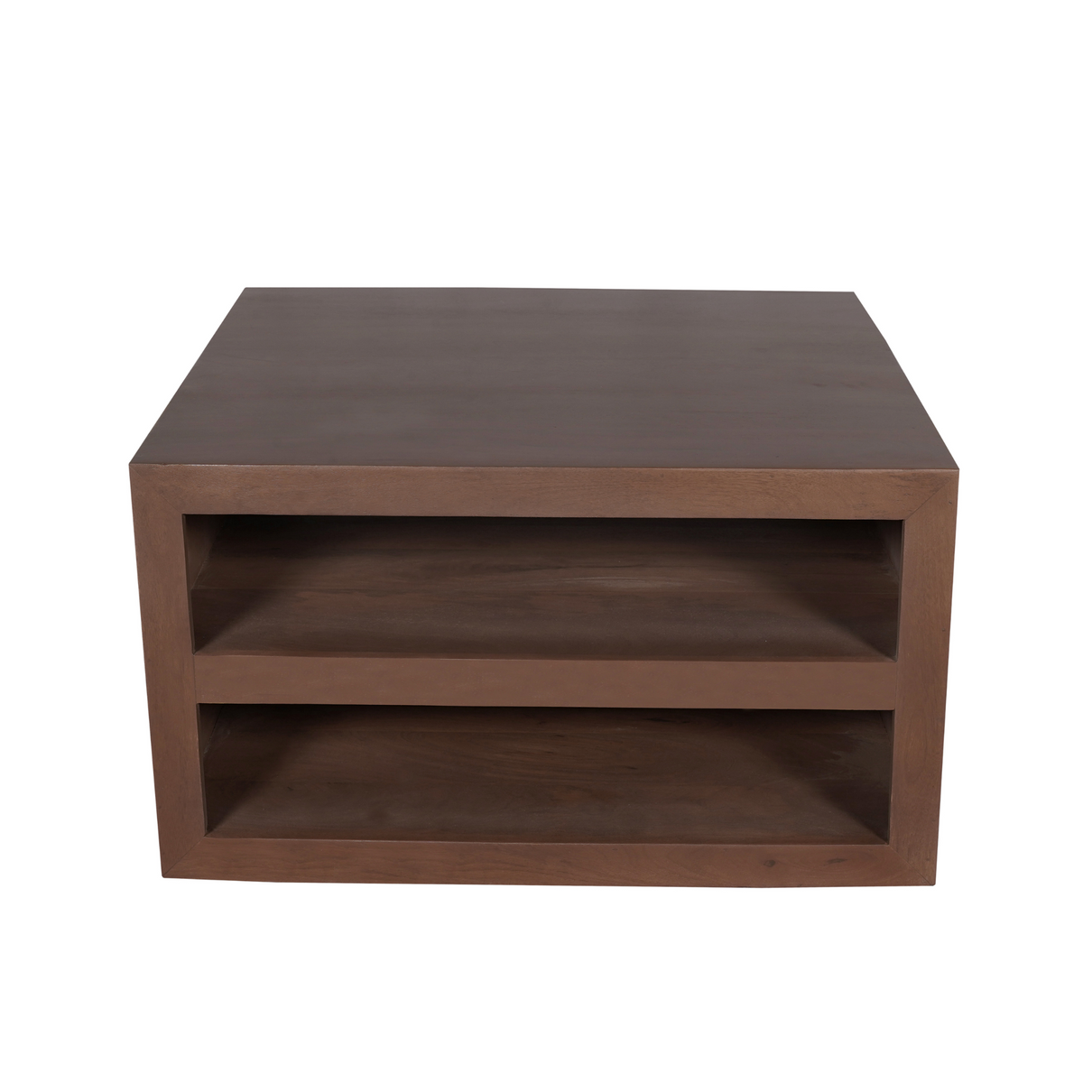 Walnoot salontafel met twee open legplanken en houten achterwand