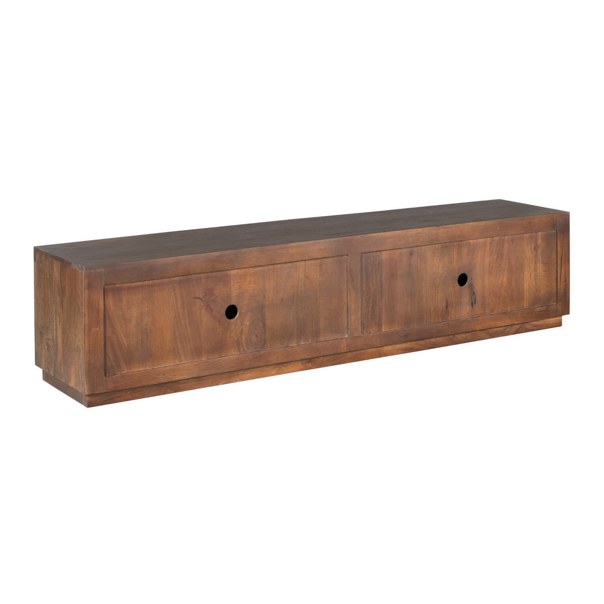TV-meubel bruin hout met drie lade-/deurfronten en ronde zwarte knoppen.