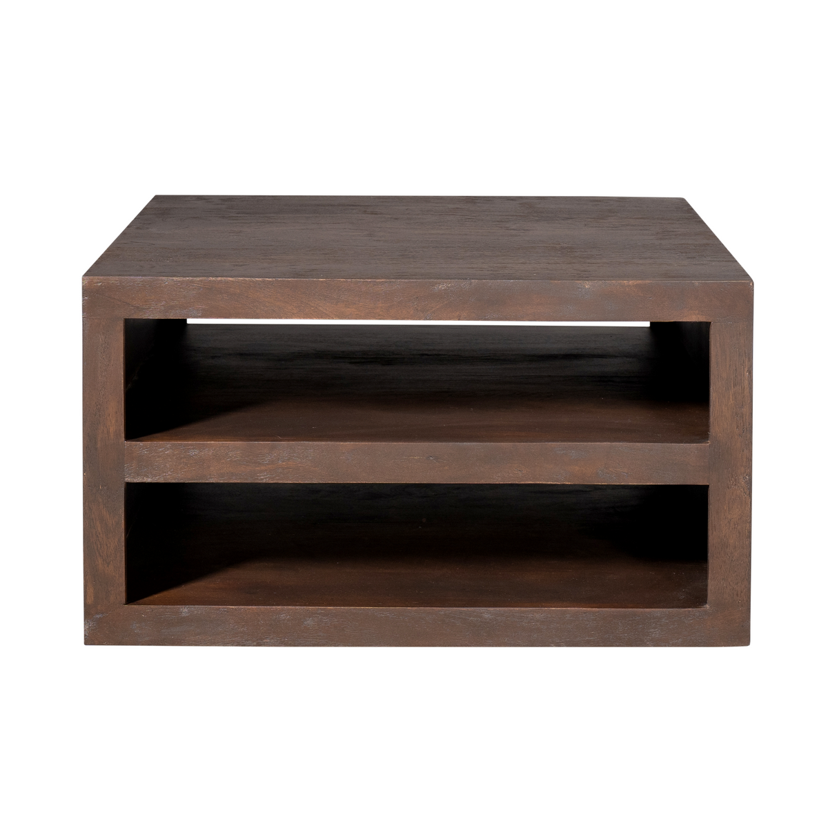 Bruine salontafel met open vak en twee legplanken, rechthoekig model