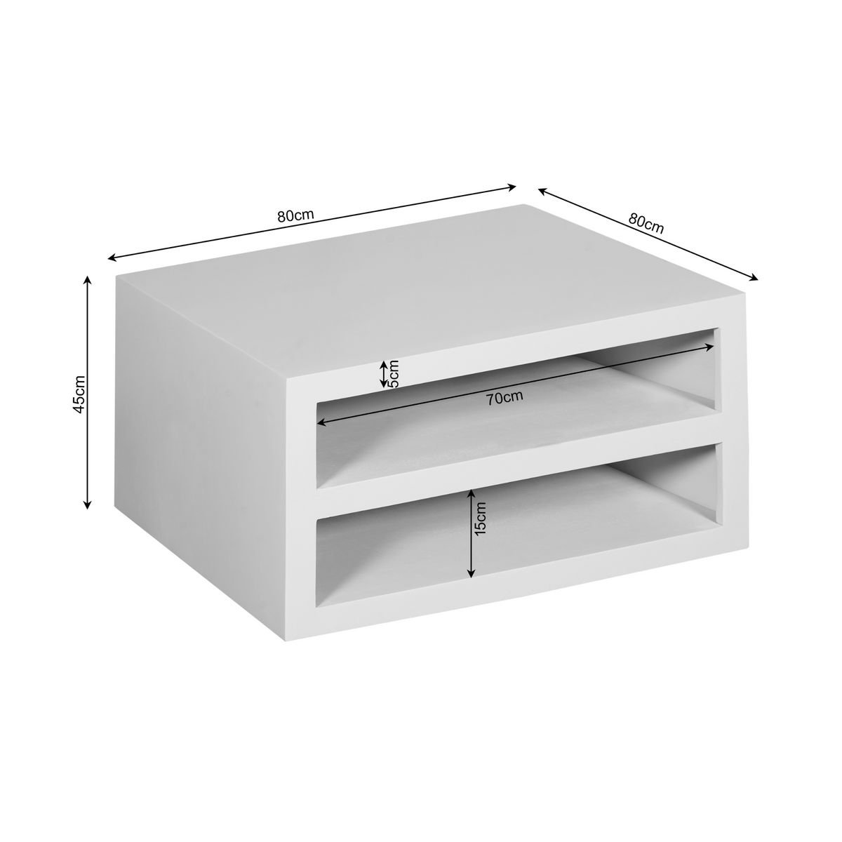 Witte salontafel met open vak en twee legplanken, met maatvoering