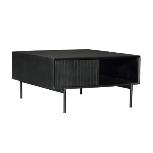 Salontafel Madison zwart: breed blad met ladefront en open bergruimte