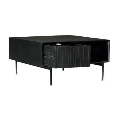 Salontafel Madison zwart met open opbergvak en lade met verticale ribbels, op poten