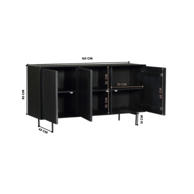 Zwart dressoir met afmetingen 165 cm en open binnenvakken, op poten.