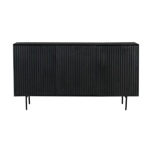 Zwart dressoir met lange bovenplaat, verticale ribbels en brede deurfronten.