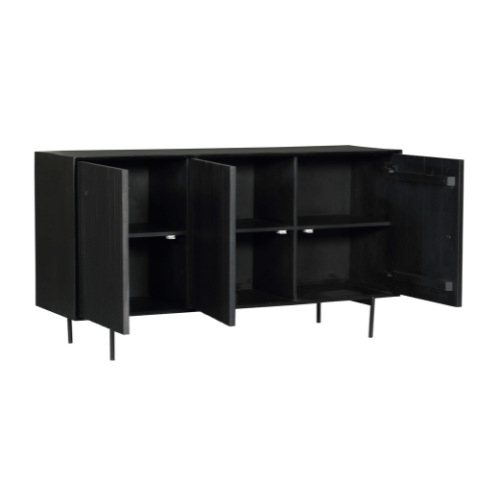 Zwart dressoir met open binnenruimtes, verticale ribbels en slanke poten.