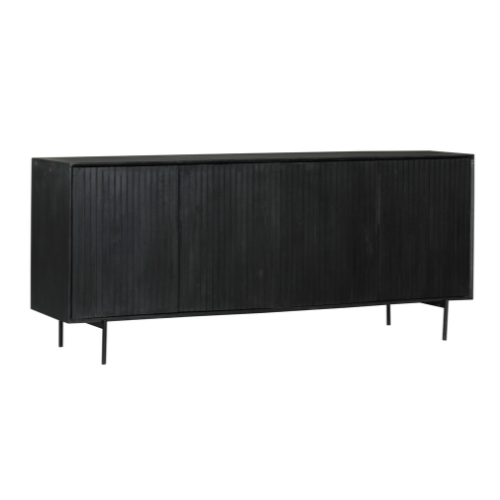 Donker dressoir met geribbelde front en slanke poten, zijaanzicht