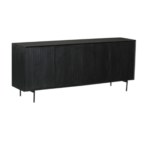 Donker dressoir met geribbelde deuren en slanke poten, 3/4 zijaanzicht