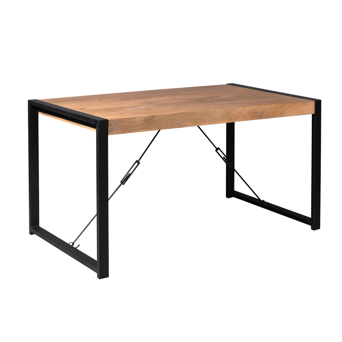 Eettafel met lichtbruin houten blad en zwarte metalen framepoten met verankering