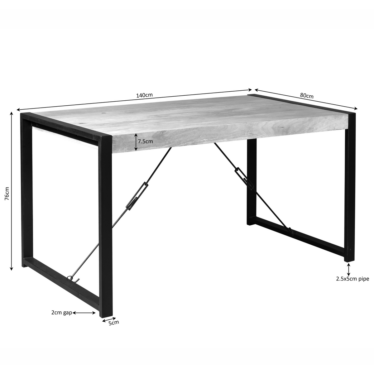 Eettafel Boaz met afmetingen 140 cm x 80 cm, houten blad en zwarte metalen poten