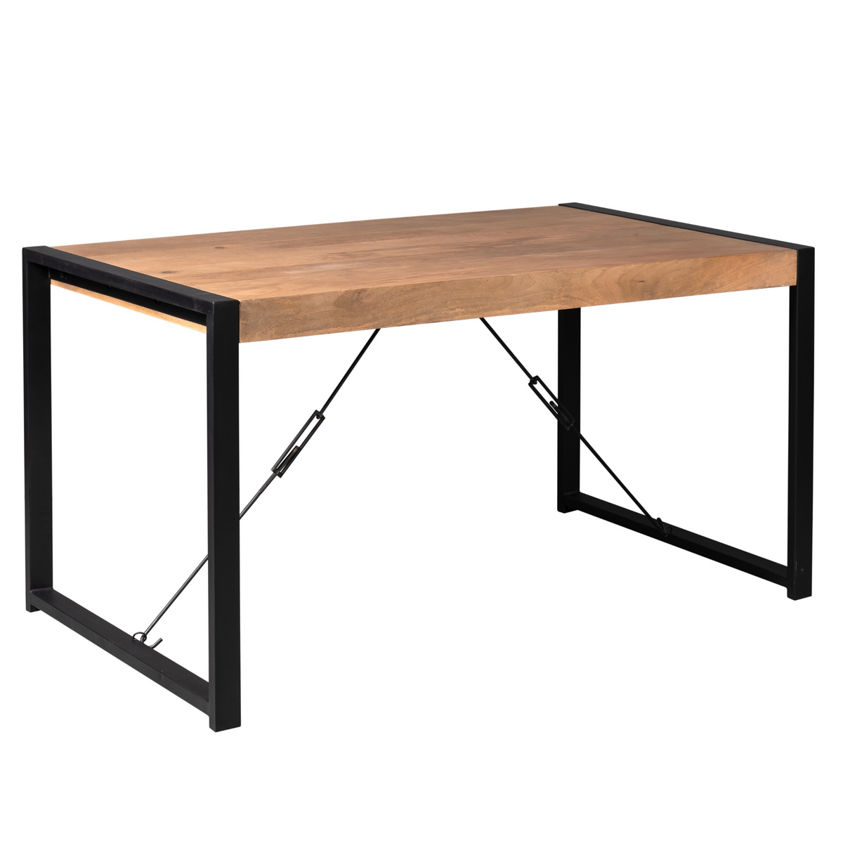 Eettafel perspectief met houten blad en zwart metalen onderstel met schuine beugels