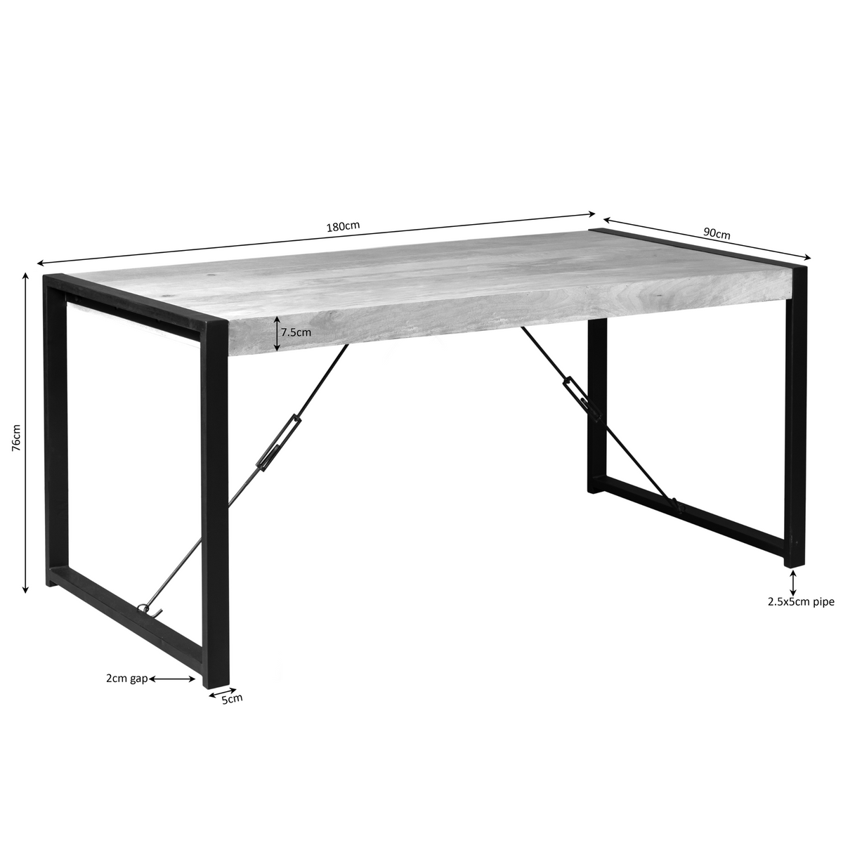 Eettafel Boaz met technische tekening: afmetingen, houten blad en zwart frame