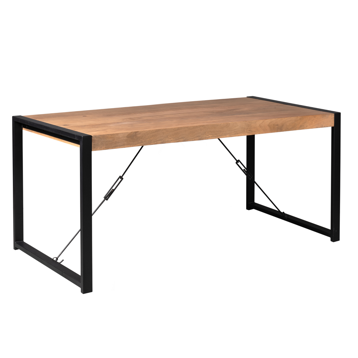 Eettafel Boaz met houten blad en zwart metalen frame met diagonaal schoren