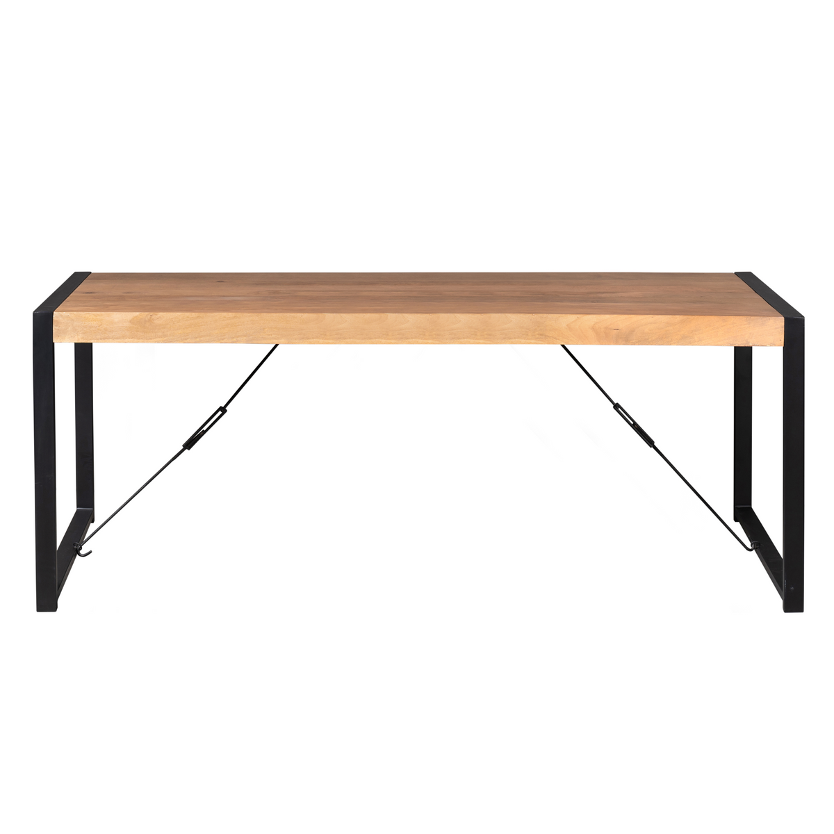Eettafel Boaz met houten blad en zwart onderstel met schaarbeugels, aanzicht van onder.