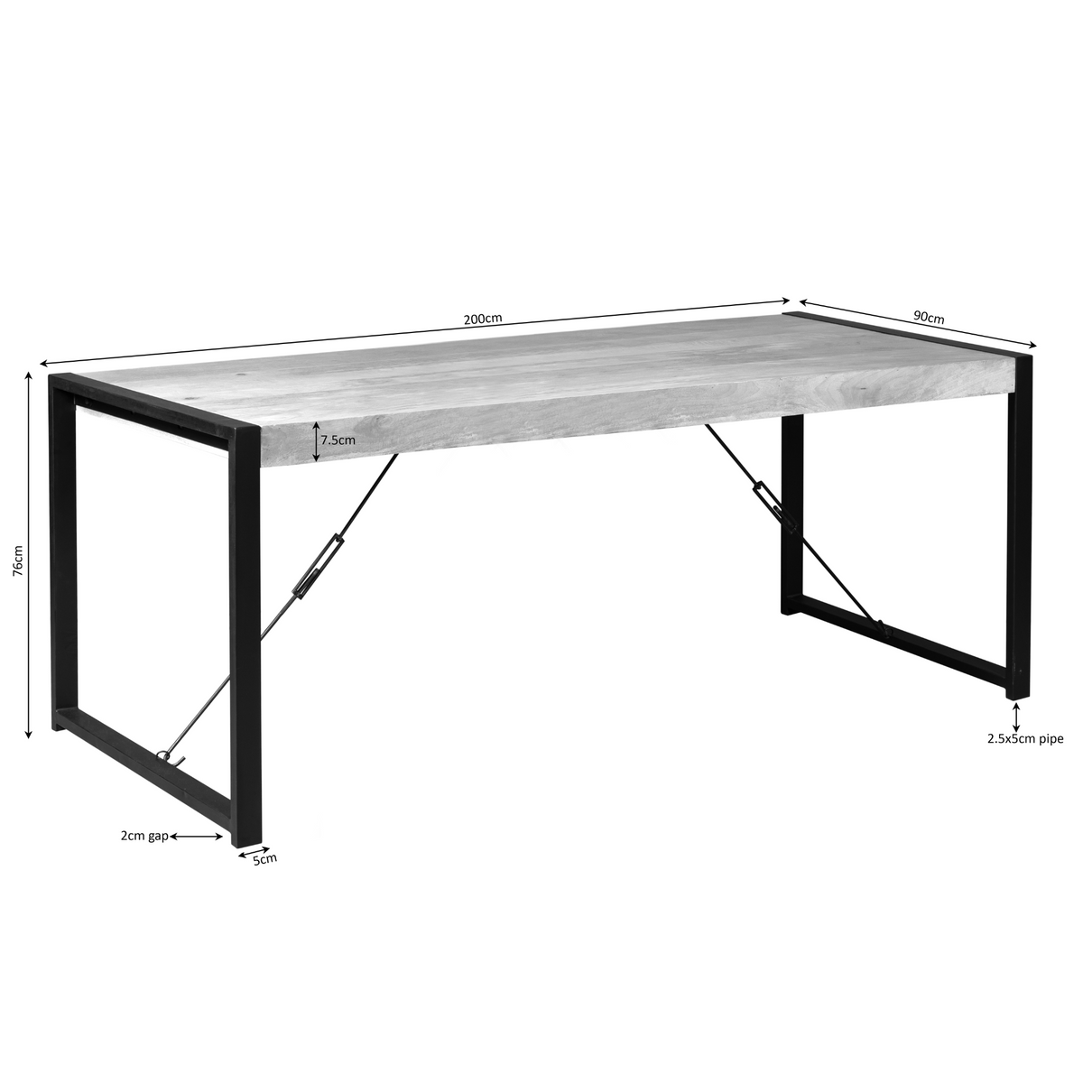Eettafel Boaz met afmetingen 200 x 90 cm, hoogte 72 cm, zwart metalen frame.