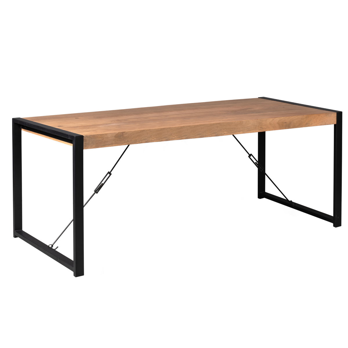 Eettafel Boaz met houten blad en zwart metalen X-vormige beugels onder het tafelblad.