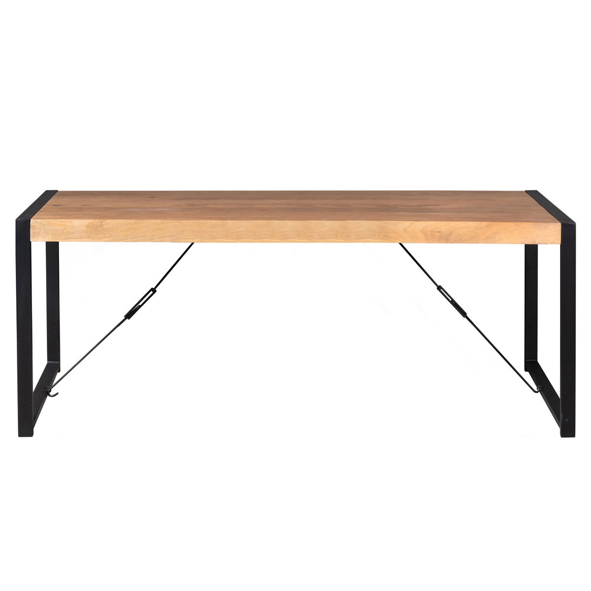 Eettafel met houten blad en zwarte diagonale steunbalken onder het blad