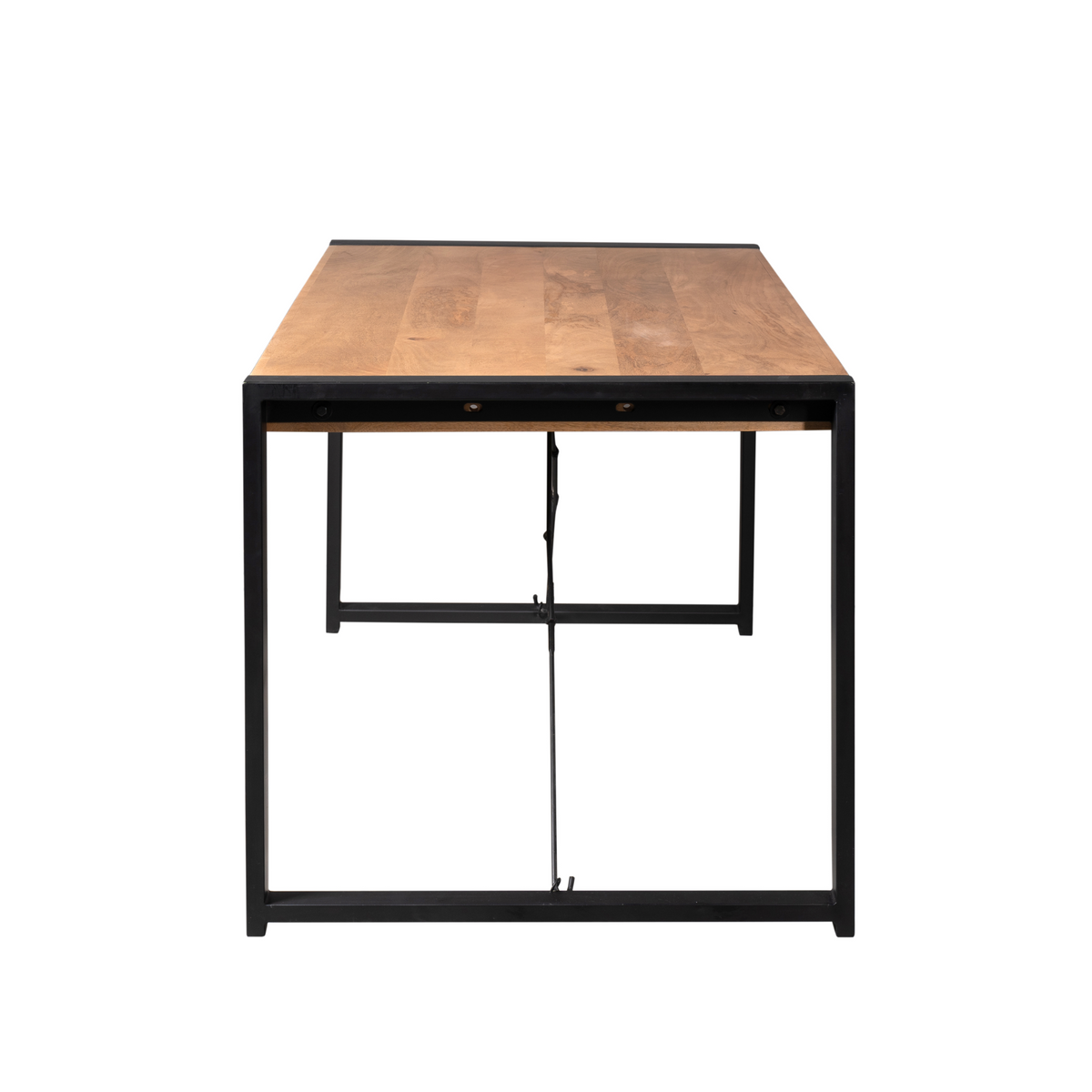 Eettafel met houten blad en zwart metalen onderstel met centrale bevestiging