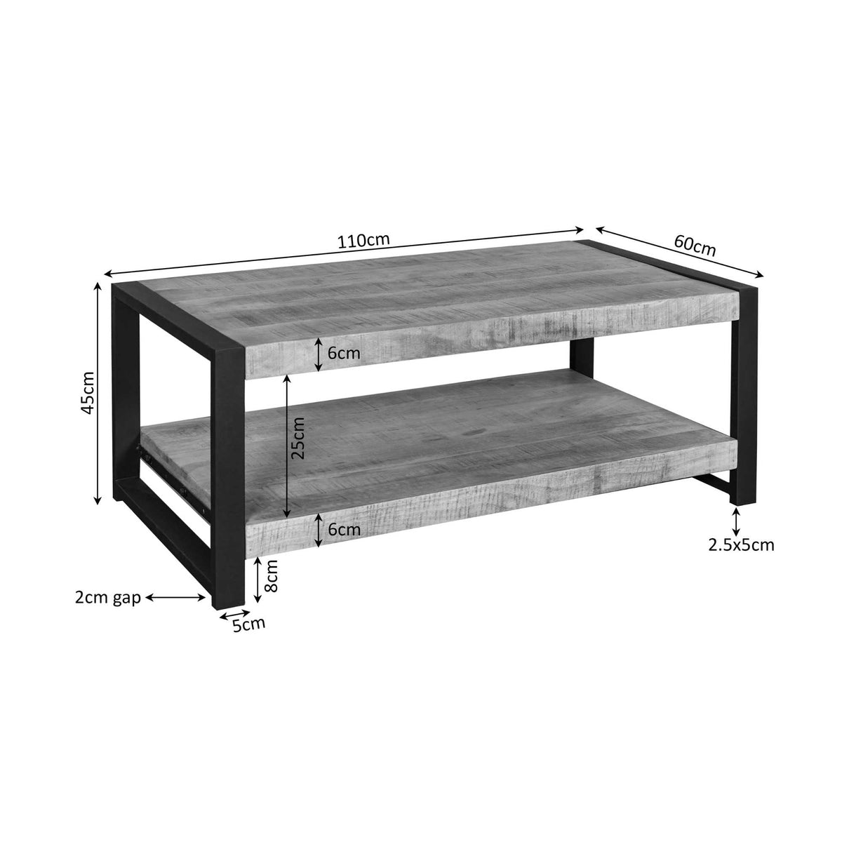 Salontafel 110 cm met onderblad, afmetingen en diktes op afbeelding