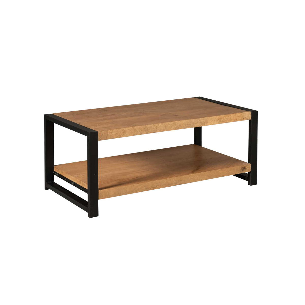 Salontafel met onderblad: warm houten blad en zwarte poten, open midden