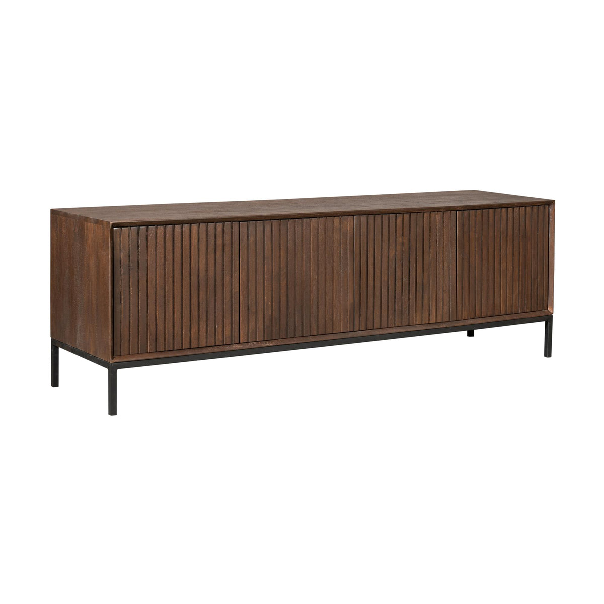 tv-meubel Madison Brown 165 cm aanzichtzijde: donkerbruin hout, verticale latten, hoge poten