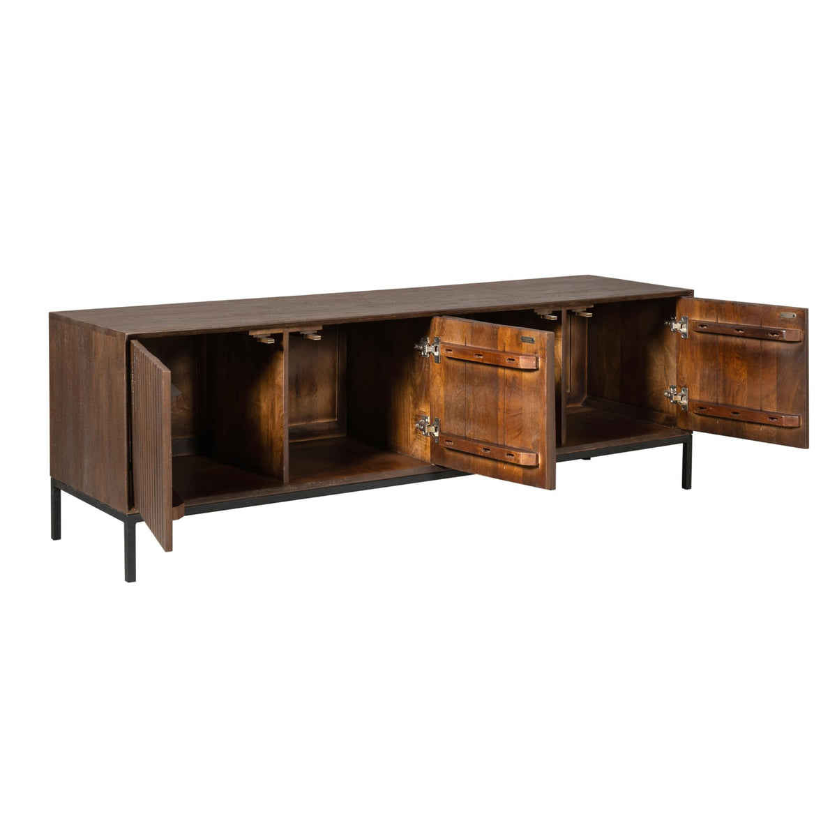tv-meubel Madison Brown 165 cm met open middenruimte en donkerhouten deuren, scharnieren zichtbaar