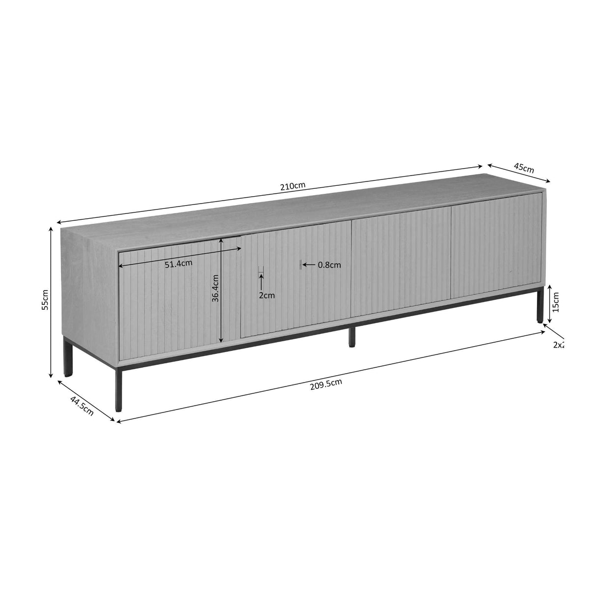 Technische tekening: TV-meubel Madison Brown, 210 cm lang en 55 cm hoog