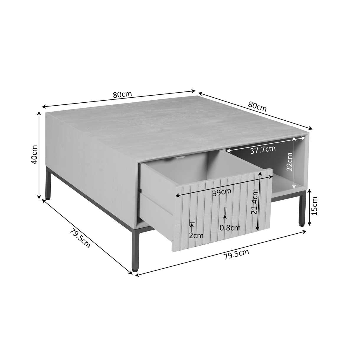 Vierkante salontafel met afmetingen: 80 cm breed, 40 cm hoog en 80 cm diep