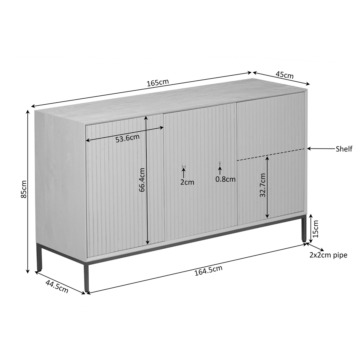 Dressoir met afmetingen: 165 cm breed, 85 cm hoog en 45 cm diep