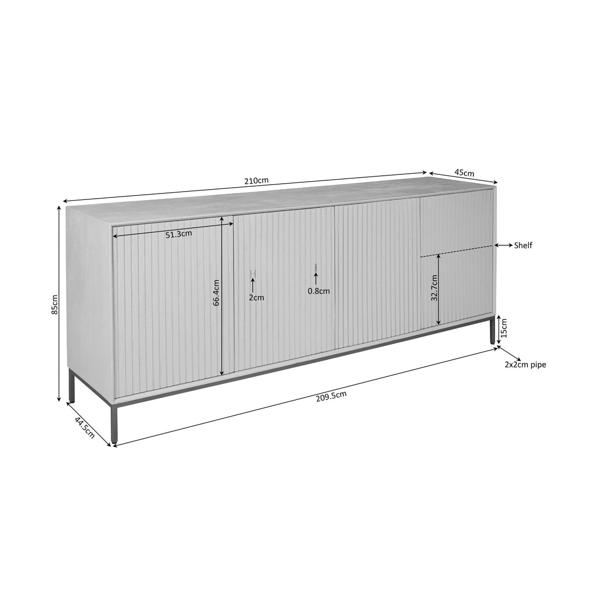 Dressoir afmetingen: 210 cm breed, 45 cm diep en 58 cm hoog, met 2 deuren.