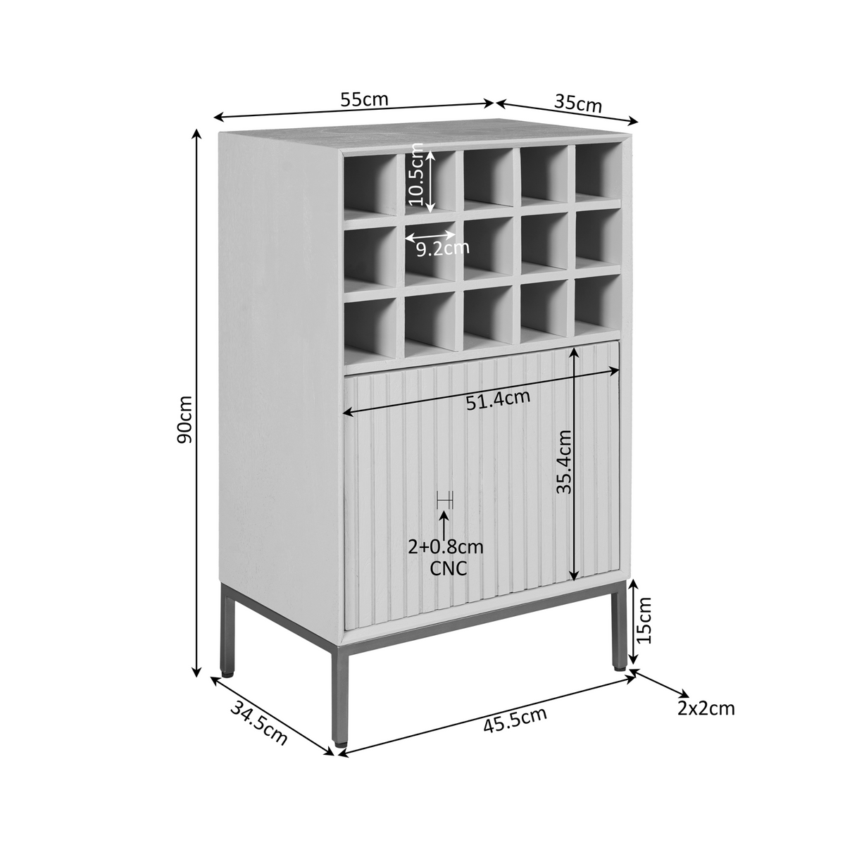 Wijnkast afmetingen: 55 cm breed, 90 cm hoog en 35 cm diep, met indeling.