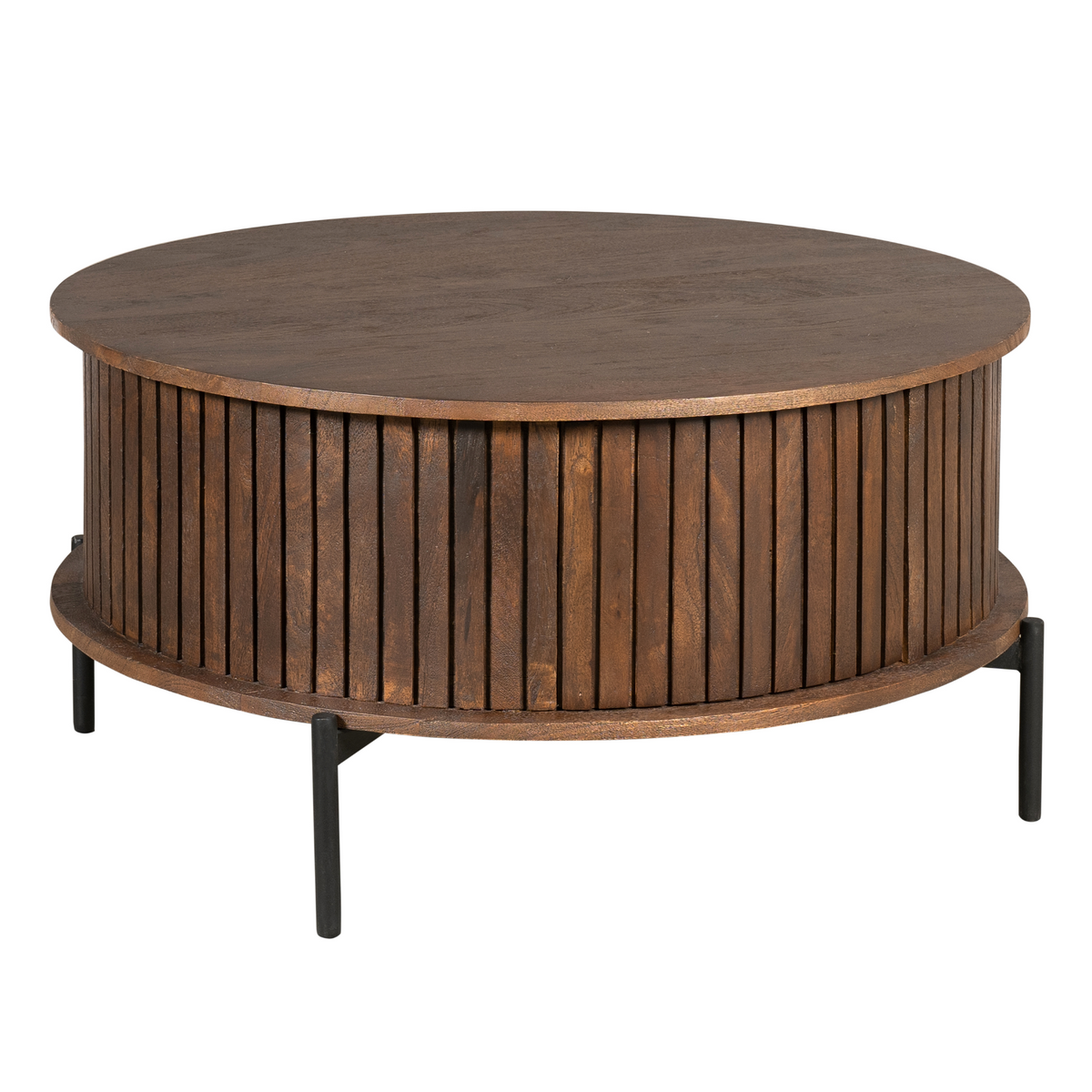 Ronde bruine houten salontafel met verticale latten en zwarte poten