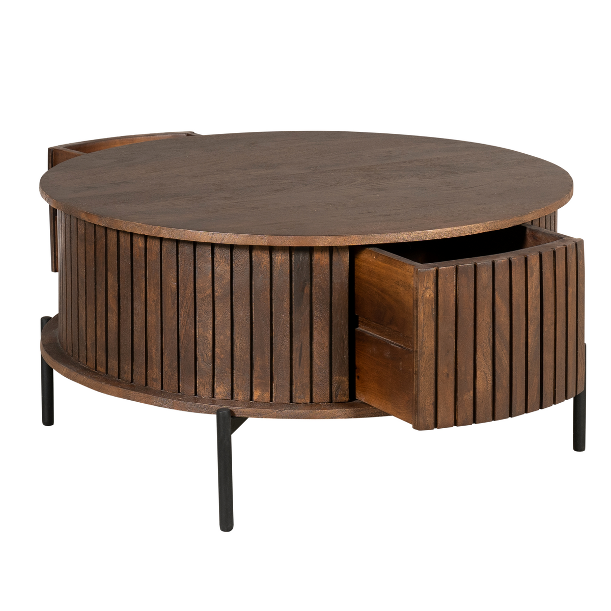 Ronde bruine houten salontafel met open opbergvak en uittrekbare deur