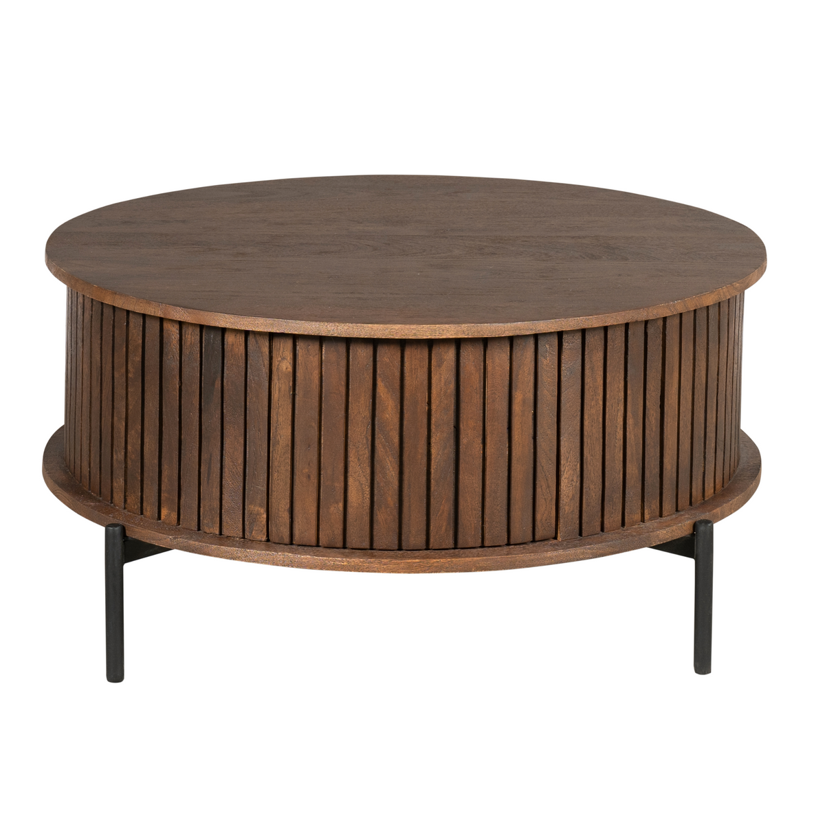 Ronde salontafel met houten lamellen, donkerbruine kleur, rond blad en vier poten