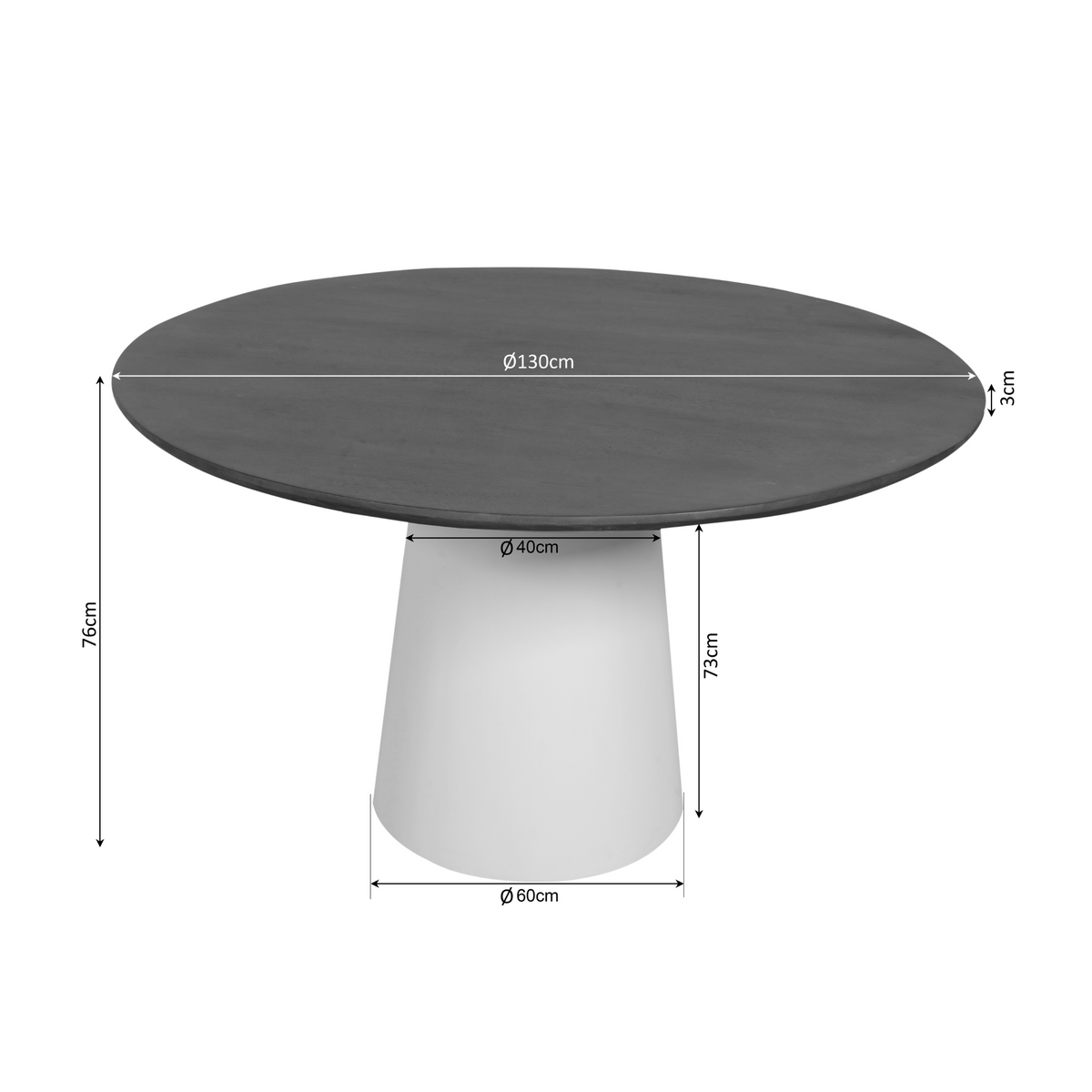 Eettafel afmetingen: Ø130 cm blad, 70 cm hoogte, Ø60 cm voet