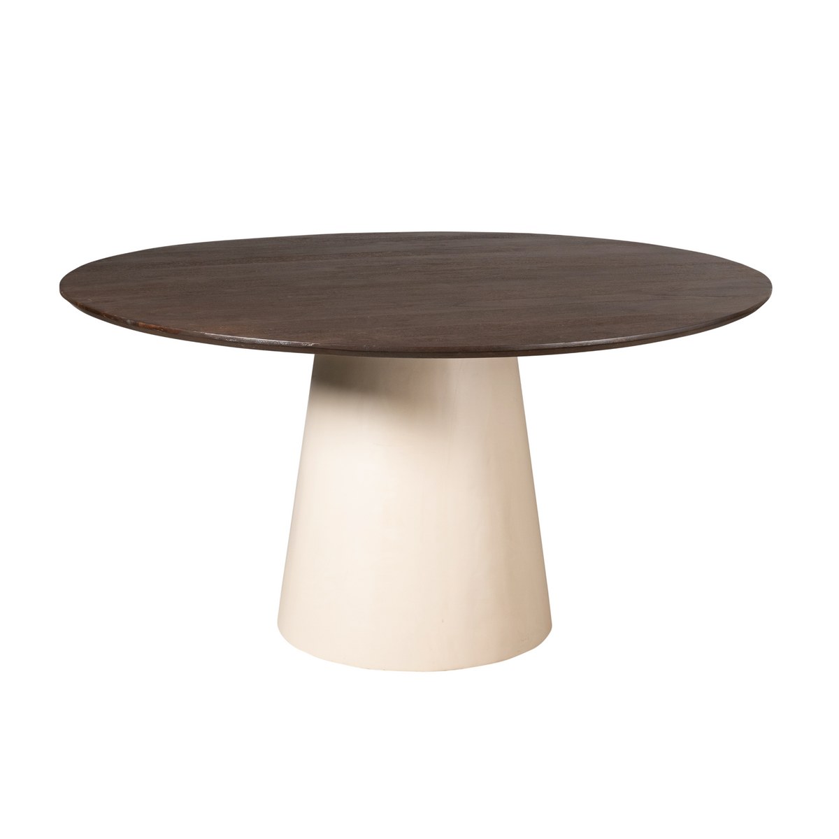 Ronde eettafel met donkerbruin blad en crème cilindrische voet in profiel