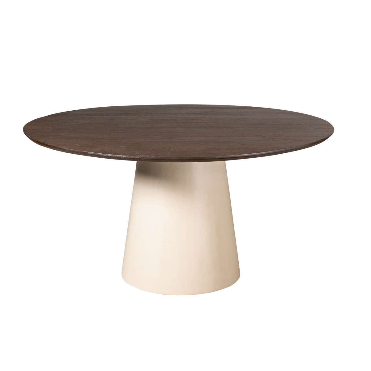 Ronde eettafel met donkerbruin blad en witte conische voet