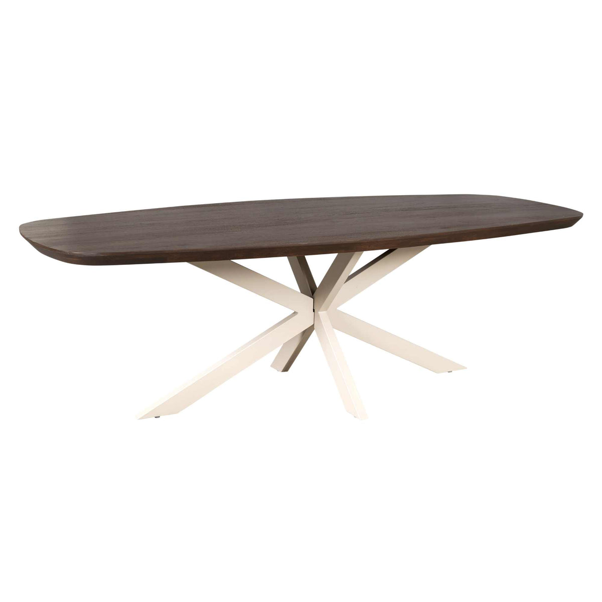 Bruine ovale eettafel met houten blad en zandkleurige X-poten