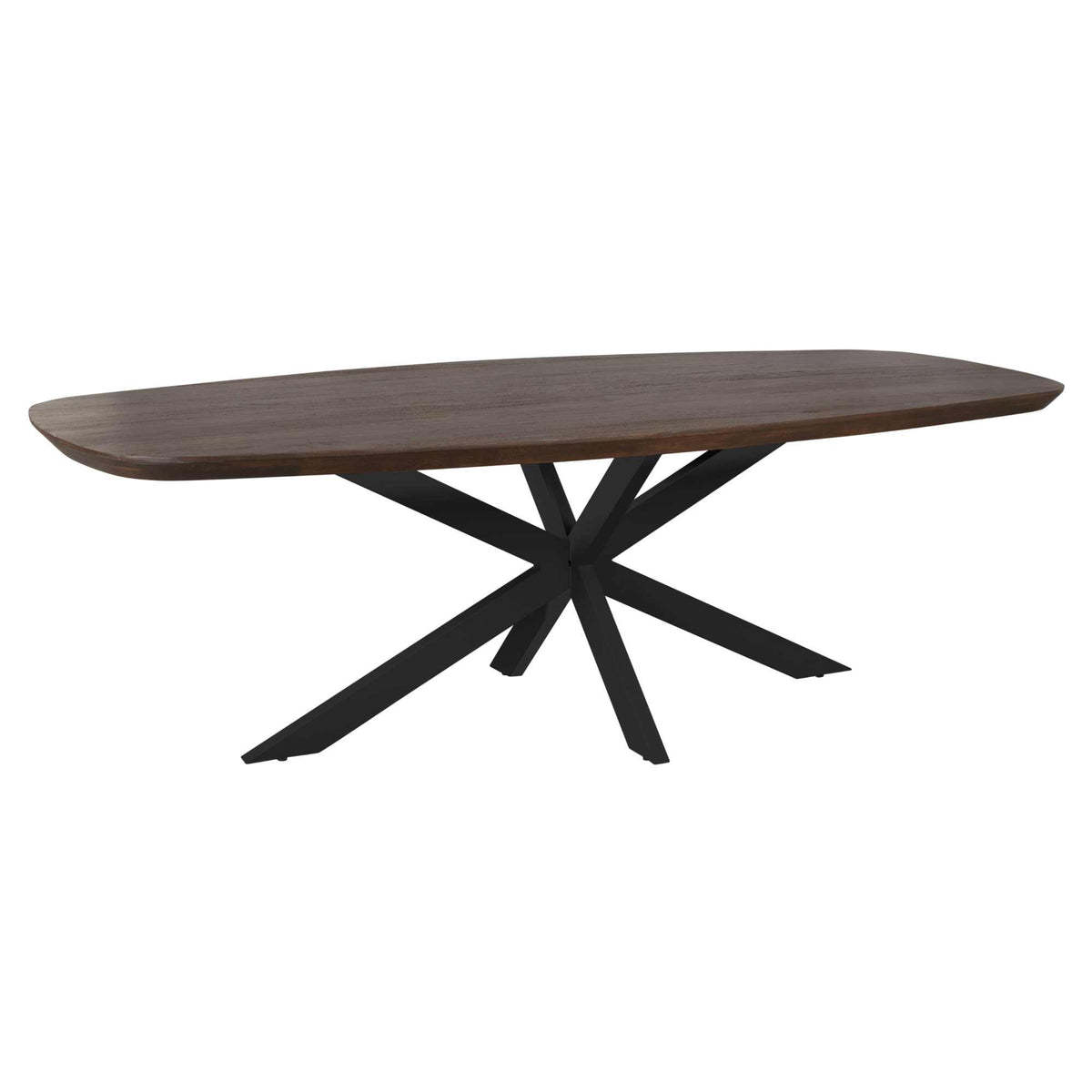 Eettafel met ovale bruine blad en zwarte sterpoot, taps toelopende poten