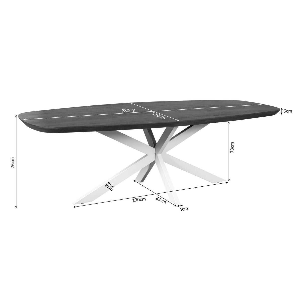 Eettafel met ovaal bruin blad, zwarte poten met maatvoering
