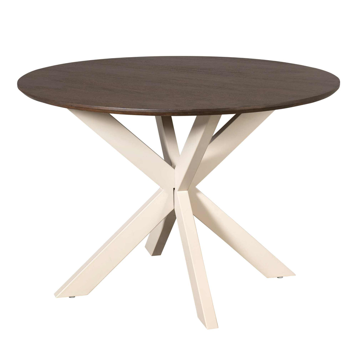 Ronde eettafel met bruin houten blad en witte kruis- en spreidpoten
