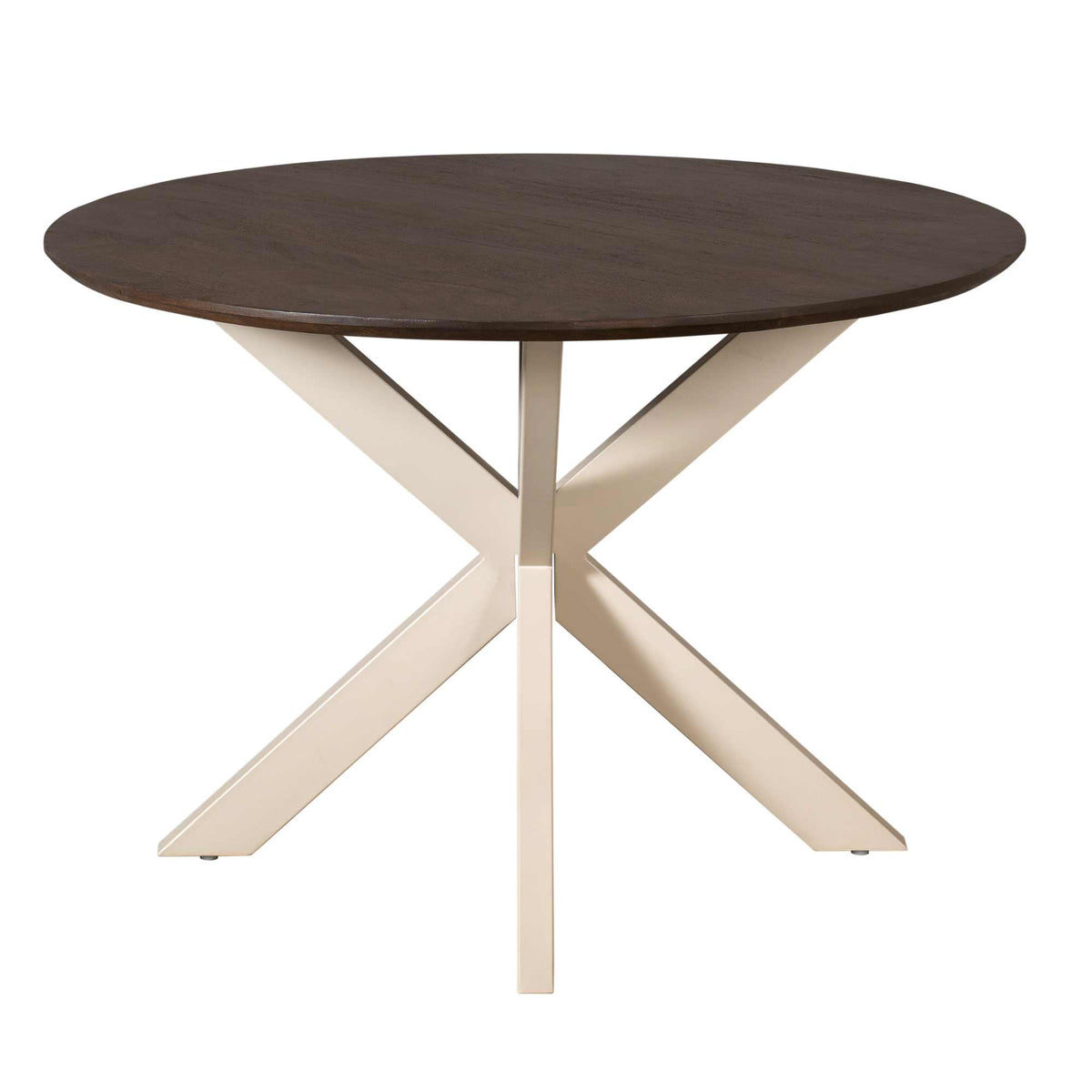 Ronde eettafel met bruin rond blad en zandkleurige spreidpoten