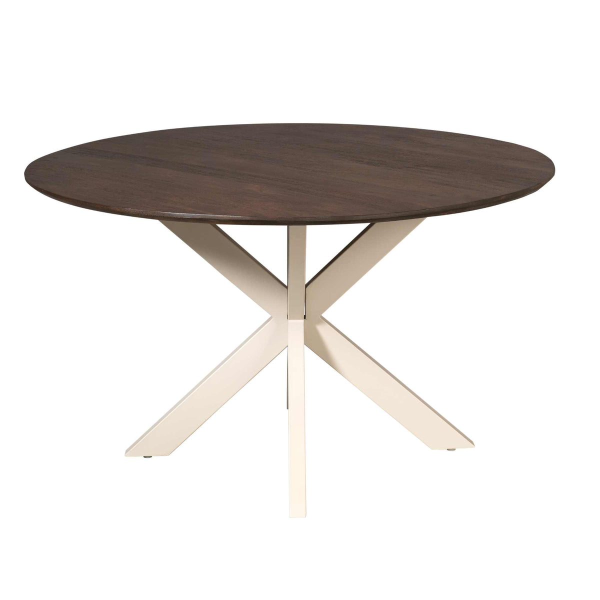 Ronde eettafel met donkerbruin blad en witte X-vormige houten pootconstructie