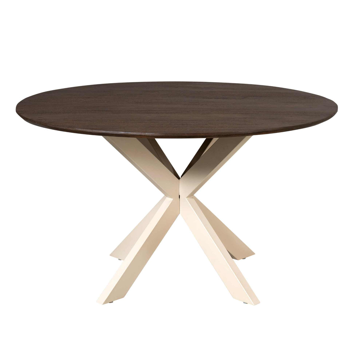 Ronde eettafel met rond donkerbruin blad en vier witte spreidpoten