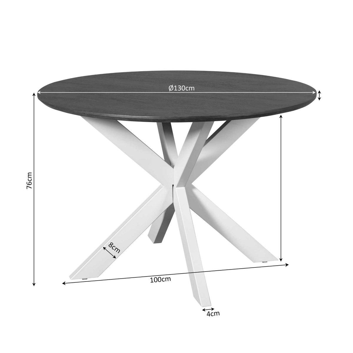 Ronde eettafel Ø130 cm, donkerbruin blad, hoogte 76 cm, witte poten