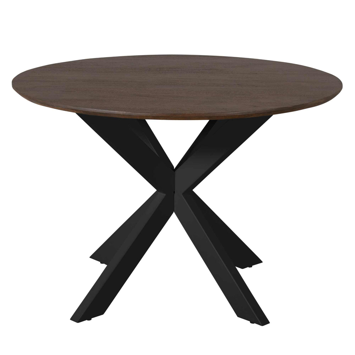Ronde eettafel met donkerbruin blad en zwarte X-vormige poten