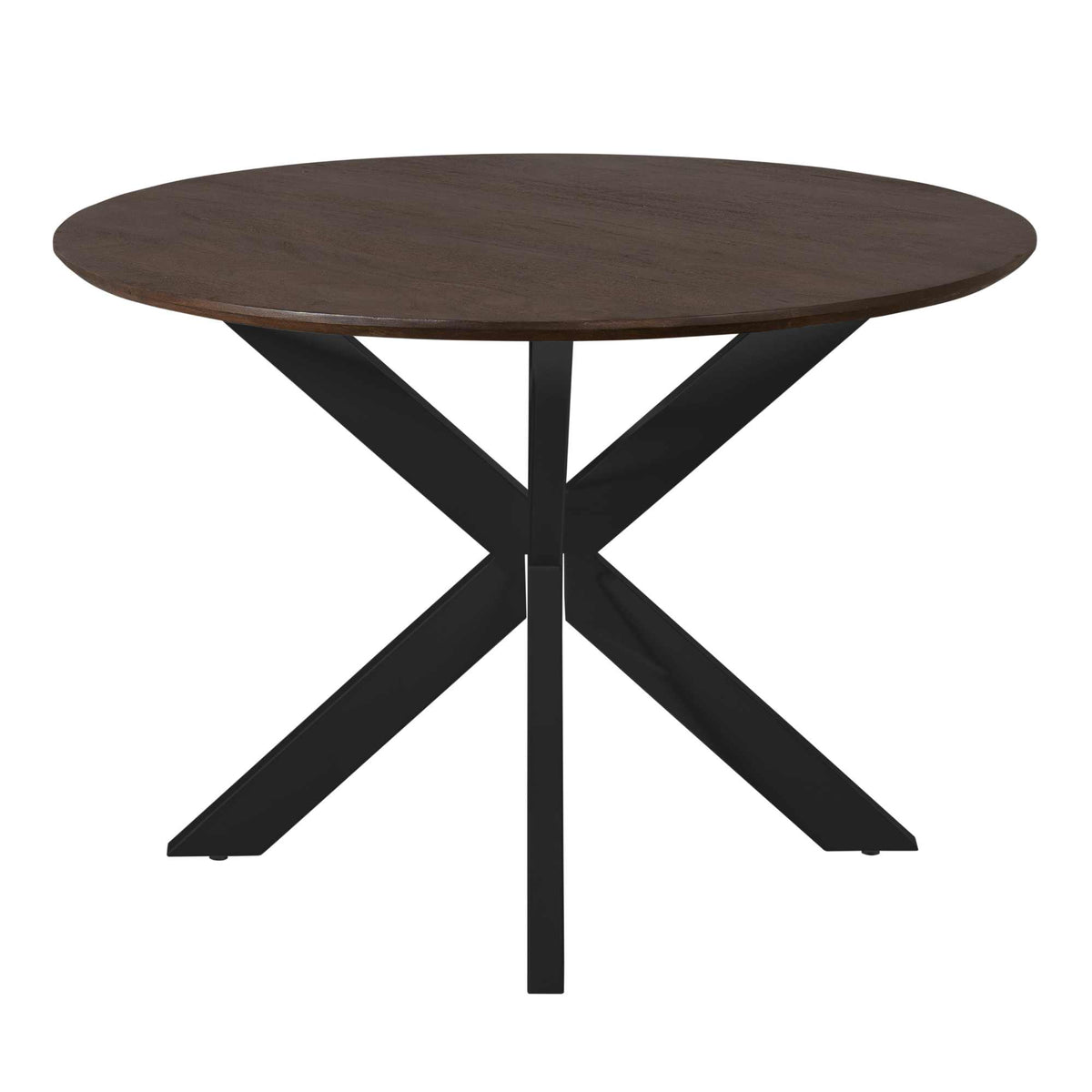 Ronde eettafel met donkerbruin blad en zwarte kruispoten met centrale poot