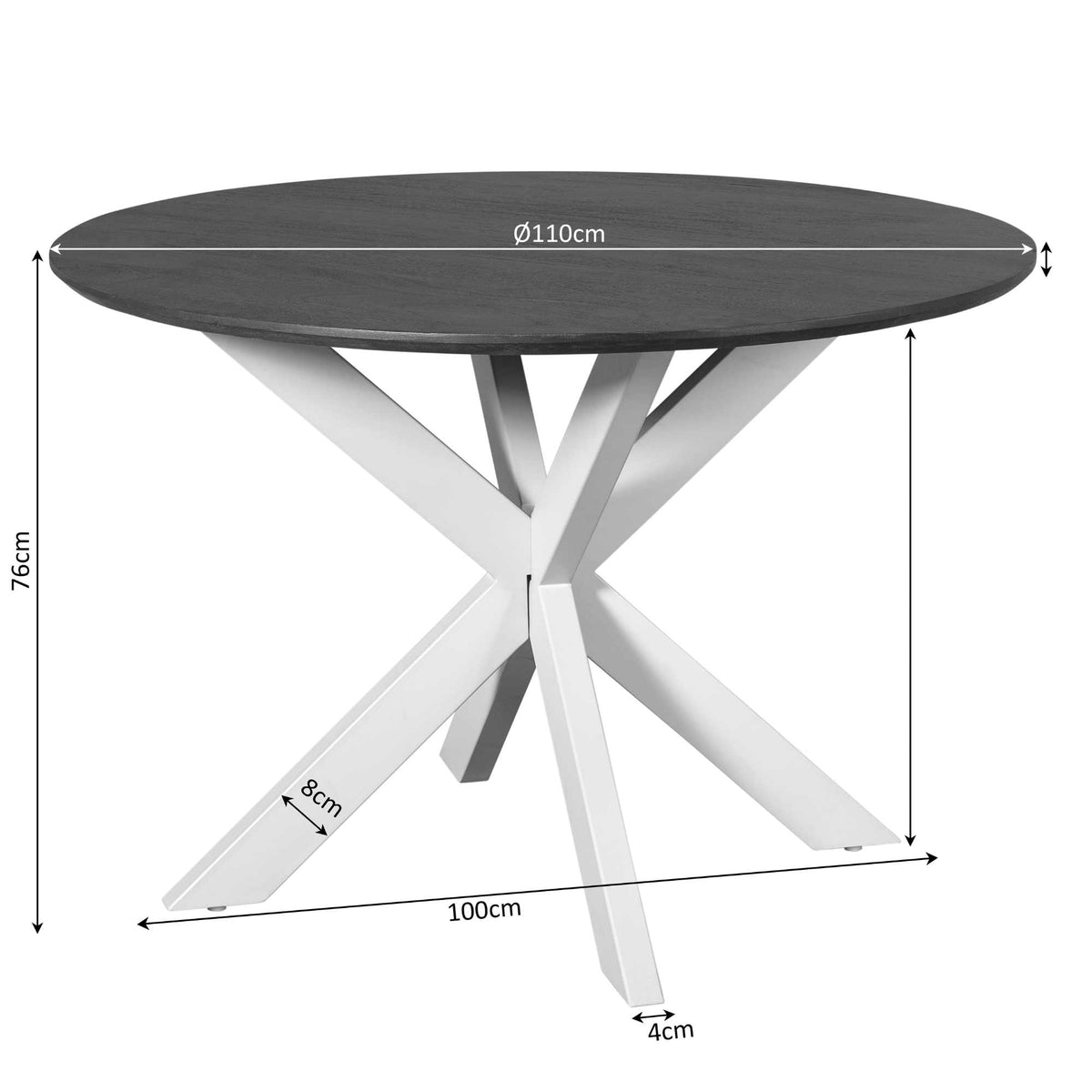 Ronde eettafel met donkerbruin blad, zwarte poten en maatvoering Ø110 cm