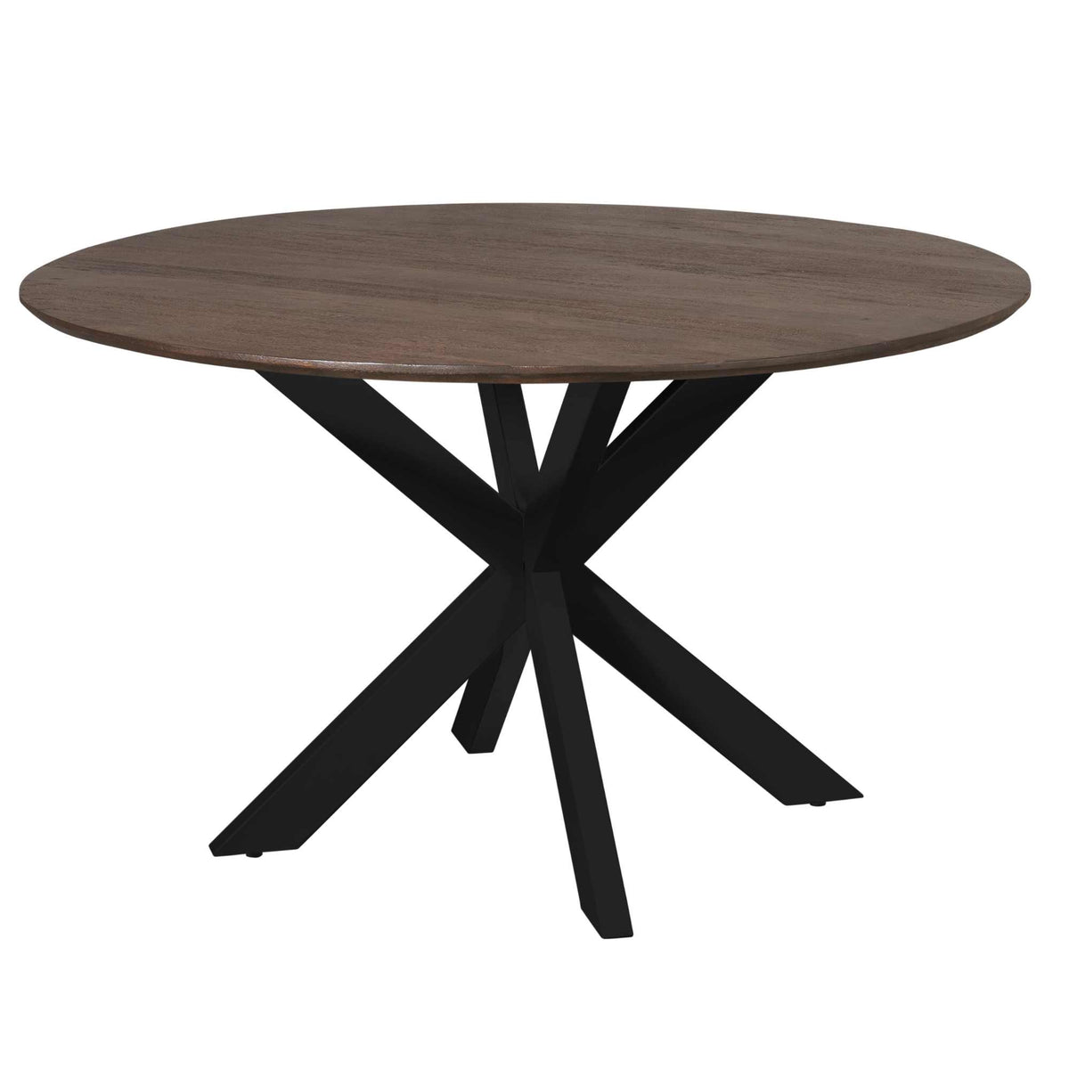 Ronde eettafel met bruin blad en zwarte X-poten